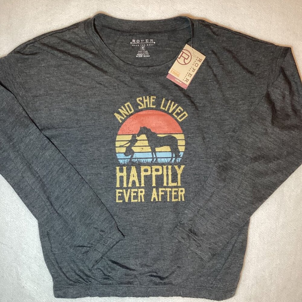 Roper Western Girls XLARGE Dark Gray Long Sleeve Shirt w Print Brand New W Tags